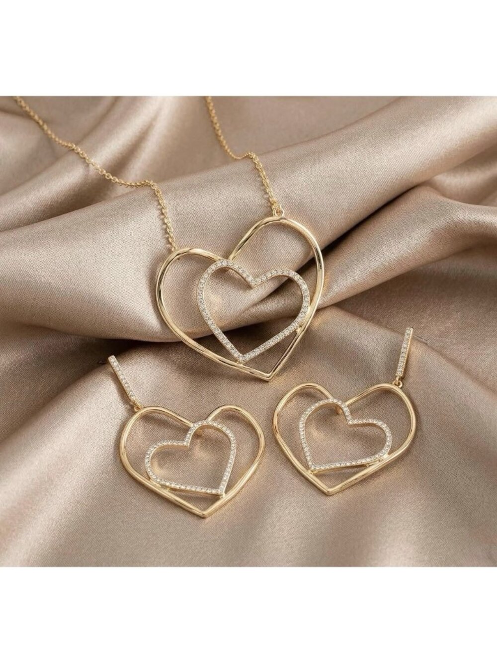 Nice & Bella Heart Necklace Earrings Set Gold Tone Rhinestone NWT
